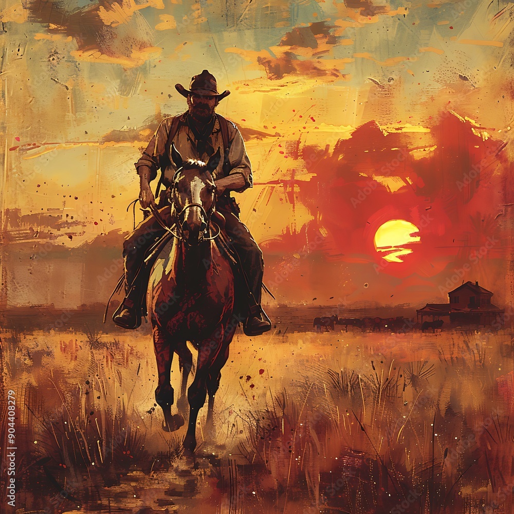 Fototapeta premium Lone Rider at Sunset: A solitary cowboy on horseback rides into a breathtaking desert sunset, his journey a testament to resilience and the wild spirit of the west. 
