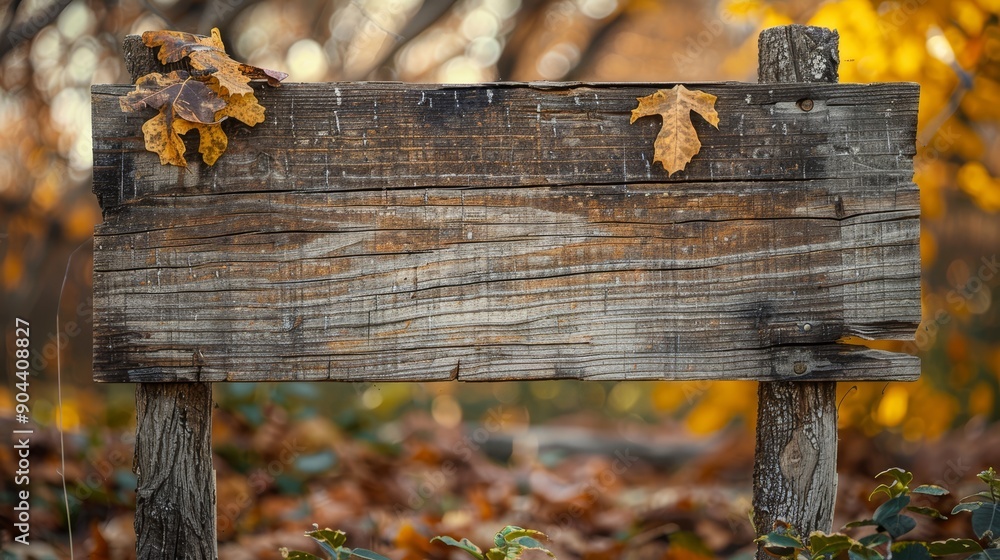 Fototapeta premium Rustic wooden sign in autumn setting. Autumn sign background