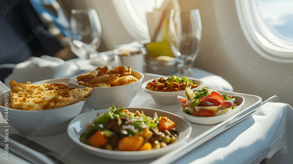 Close-up of in-flight meal with variety of dishes on tray Close-up of in-flight meal with variety of dishes on tray