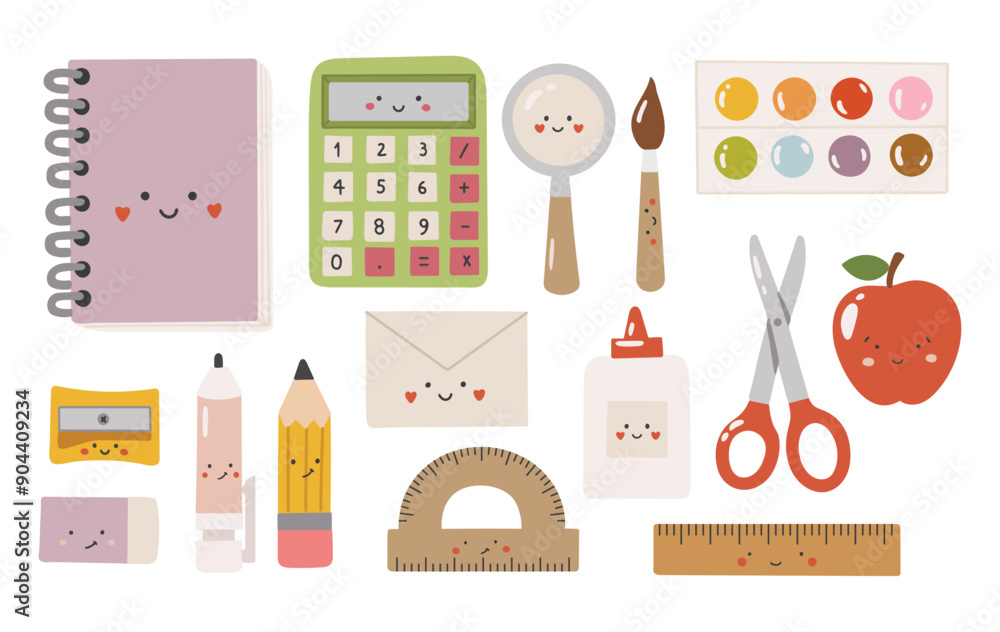 Kawaii supplies isolated set, back to school background. Vector. Colorful school supplies, cartoon vector illustration. Stationery Kawaii supplies isolated set, back to school background. Vector. Colorful school supplies, cartoon vector illustration. Stationery