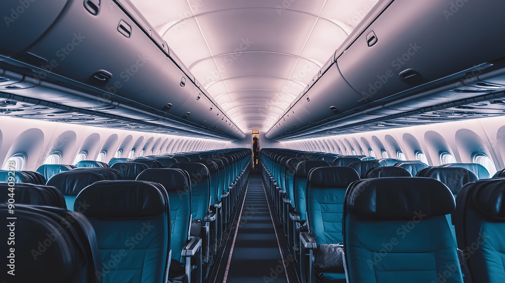Fototapeta premium Economy class airplane interior with neat rows of seats