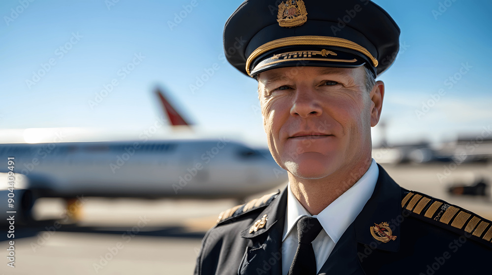 Headshot of pilot in uniform on tarmac with airplanes in background Headshot of pilot in uniform on tarmac with airplanes in background