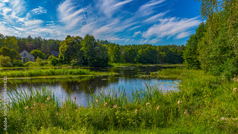 View of the floodwaters of the Mątawa River in Biały Błota, Poland