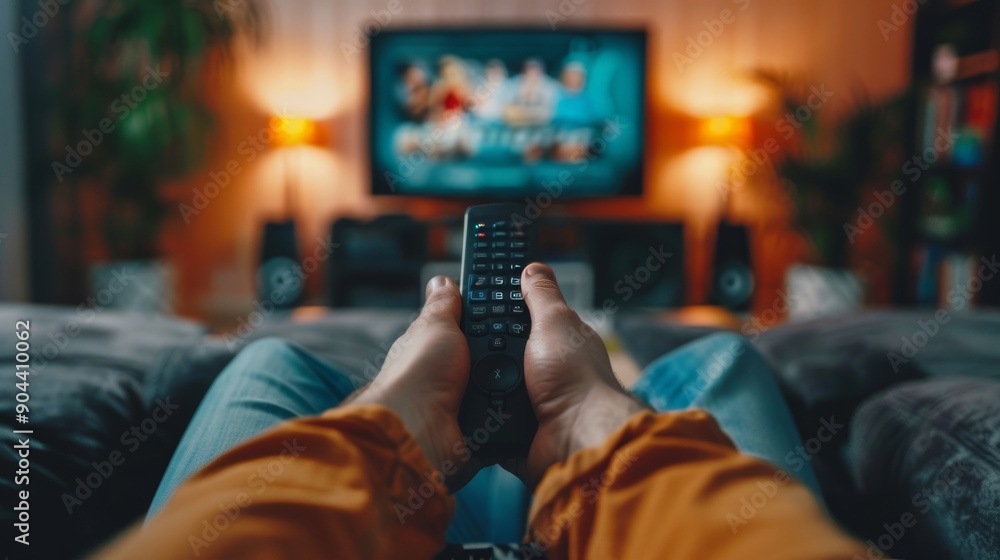 Relaxing with Remote Control and Watching TV at Home. Sofa and comfortable concept Relaxing with Remote Control and Watching TV at Home. Sofa and comfortable concept