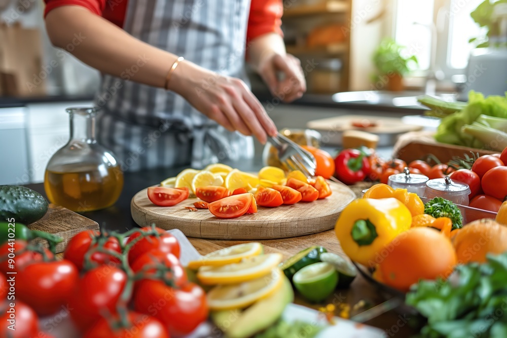Colorful spread of fresh fruits and vegetables on kitchen table, healthy eating, organic food preparation Colorful spread of fresh fruits and vegetables on kitchen table, healthy eating, organic food preparation