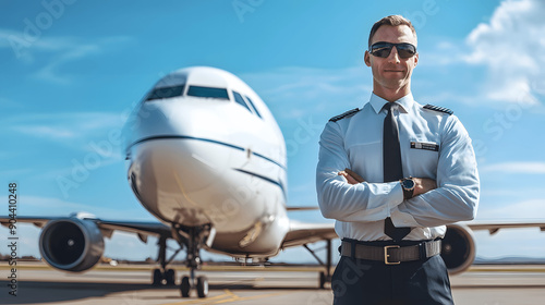 Pilot standing confidently in front of commercial airplane on tarmac