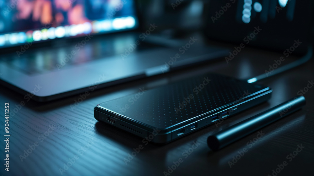 A sleek, high-tech portable charger with a modern design A sleek, high-tech portable charger with a modern design