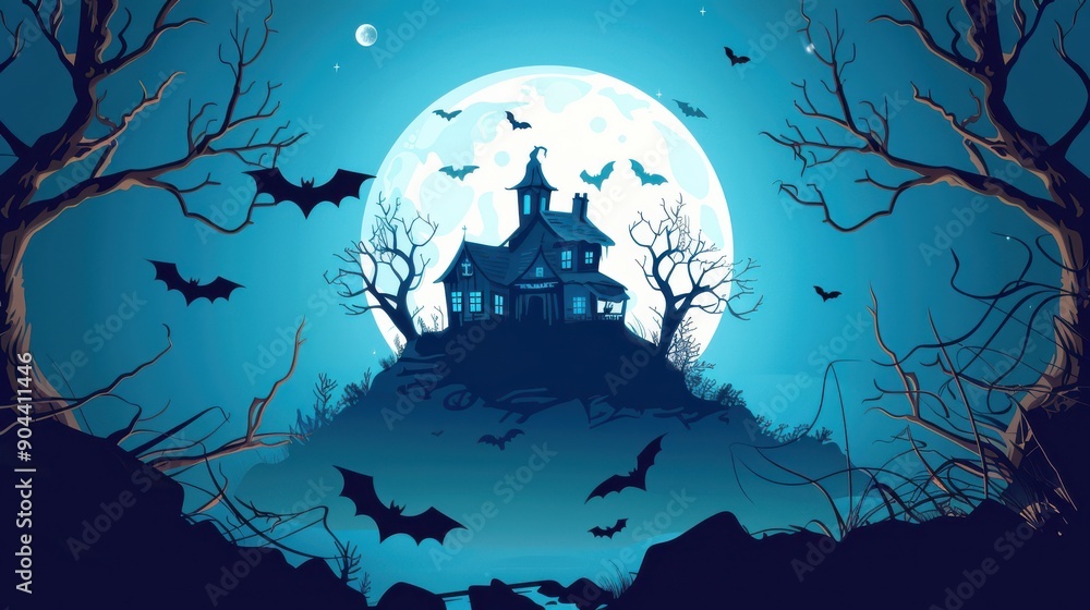An old, spooky house on top of a hill with a full moon An old, spooky house on top of a hill with a full moon