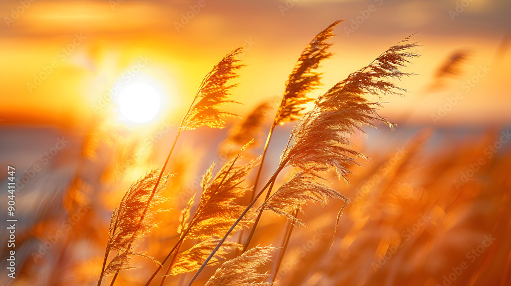 Selective Soft Focus of Dry Grass and Reeds Blowing in the Wind at Golden Sunset, with Golden Sea Background Selective Soft Focus of Dry Grass and Reeds Blowing in the Wind at Golden Sunset, with Golden Sea Background