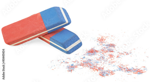 Two erasers and eraser scraps isolated on a white background. Pink and blue pen eraser.
