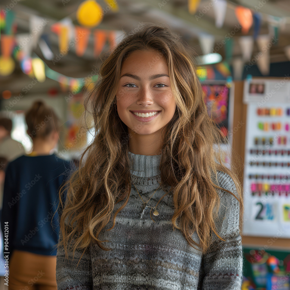 Smiling woman captured in a candid portrait, radiating joy and a vibrant atmosphere. Smiling woman captured in a candid portrait, radiating joy and a vibrant atmosphere.