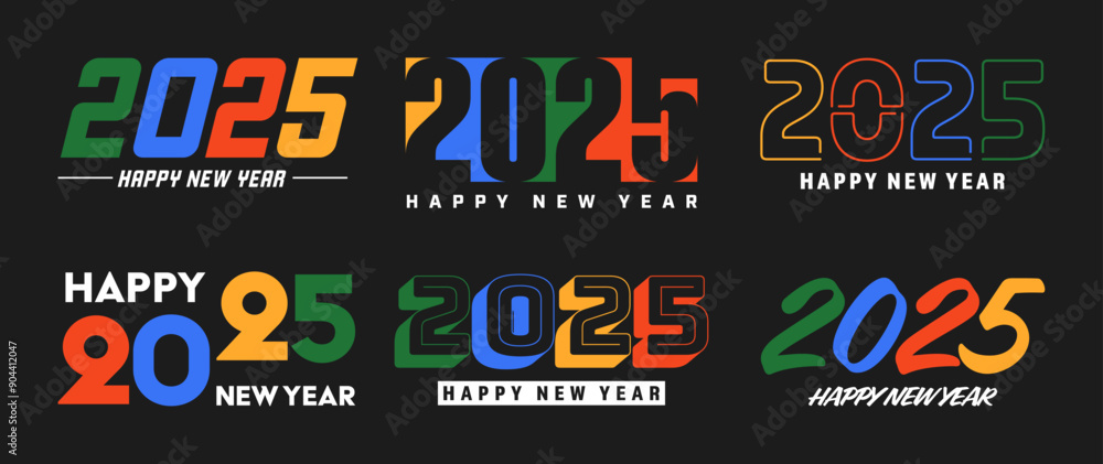 Fototapeta premium Set of 2025 Happy New Year greeting text designs. Christmas banner, poster, festive greeting card or seasonal promotion template. Collection of 2025 numbers with greetings. Vector illustration