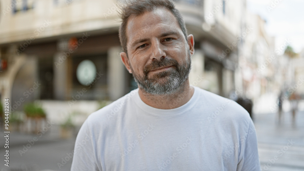 Mature hispanic man with grey hair posing handsomely outdoors on a vibrant city street Mature hispanic man with grey hair posing handsomely outdoors on a vibrant city street