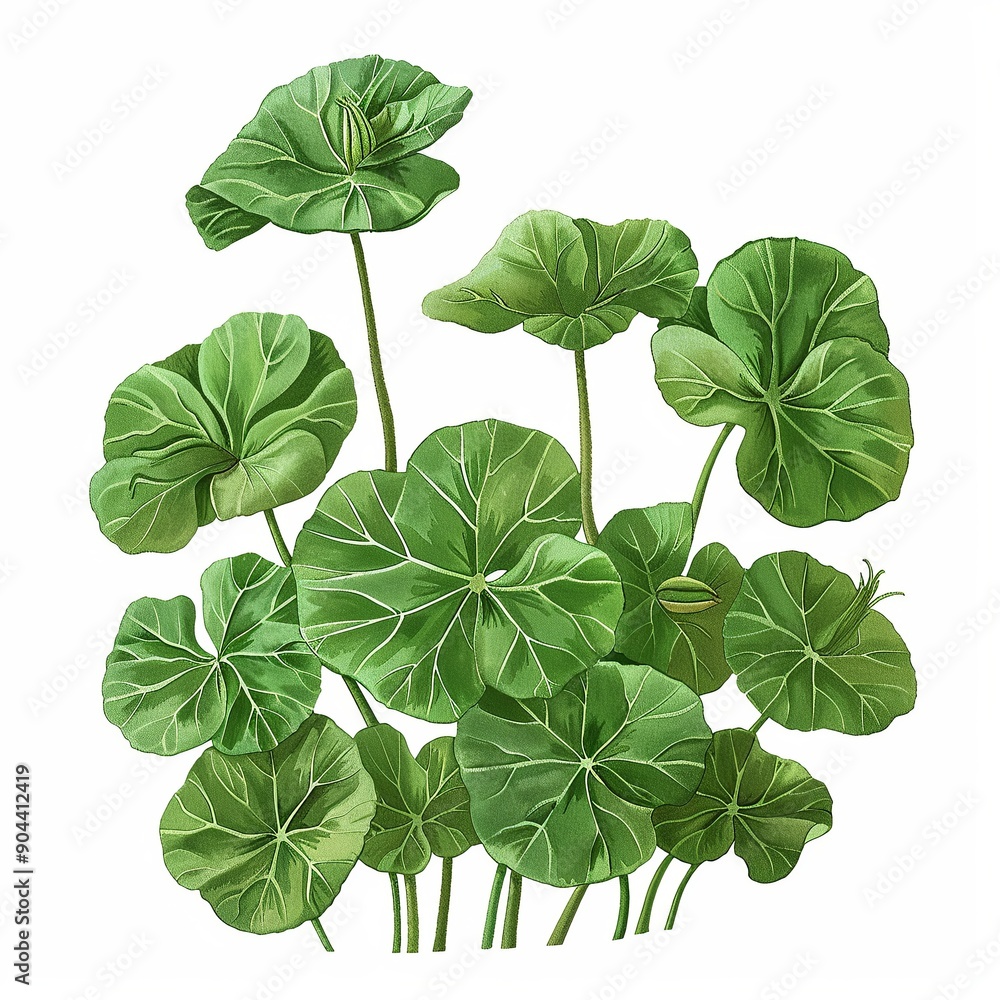 Green leaves with unopened buds on tall stems. Botanical watercolor illustration. Nature and foliage concept. Centella asiatica. Ayurveda. ayurvedic herbs. Generative AI Green leaves with unopened buds on tall stems. Botanical watercolor illustration. Nature and foliage concept. Centella asiatica. Ayurveda. ayurvedic herbs. Generative AI