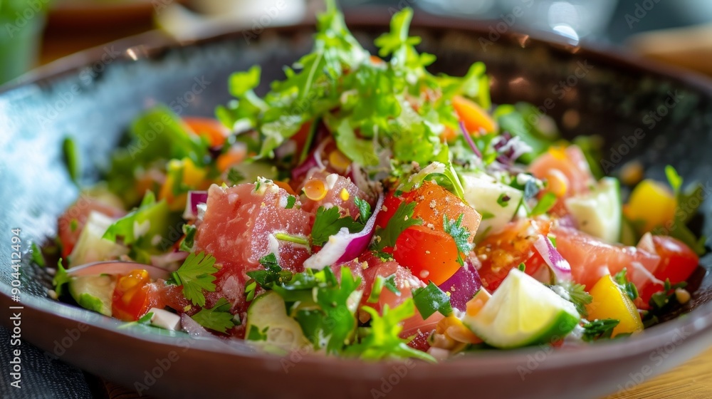 salpicon salad in ceramic bowl, traditional spanish salad salpicon salad in ceramic bowl, traditional spanish salad
