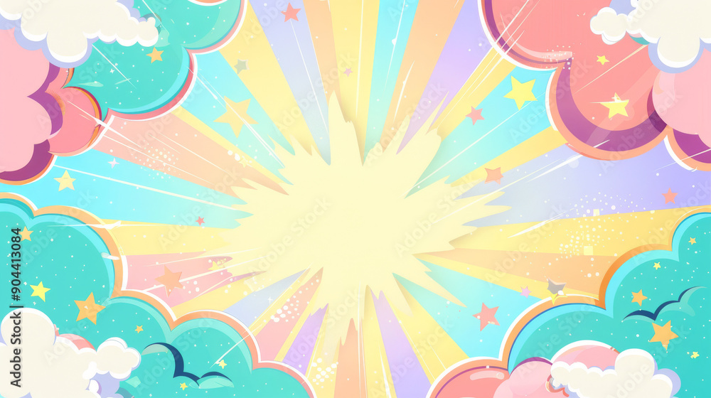 Colorful Cartoon Clouds With Sunburst in a Vibrant Sky Displaying Whimsical Colors Colorful Cartoon Clouds With Sunburst in a Vibrant Sky Displaying Whimsical Colors