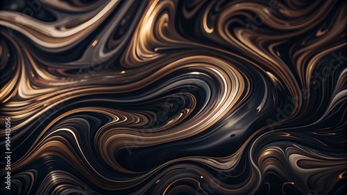 Abstract Fluid Art Design with Swirls of Dark and Metallic Colors Including Gold, Bronze, and Black