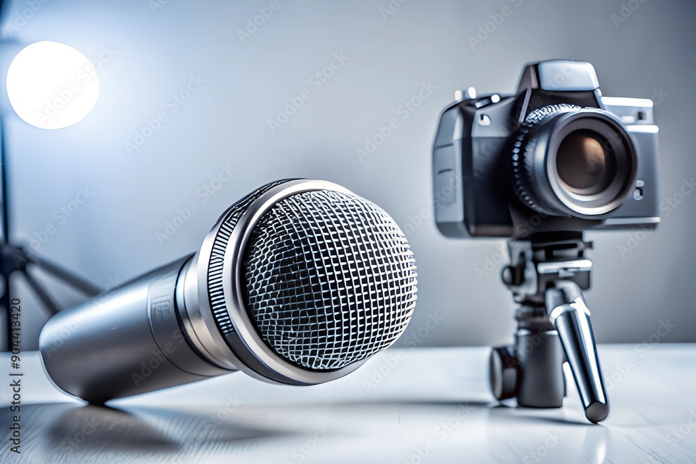 Professional microphone, lighting device, and camera setup for news, video blogs, and interviews concept. Professional microphone, lighting device, and camera setup for news, video blogs, and interviews concept.