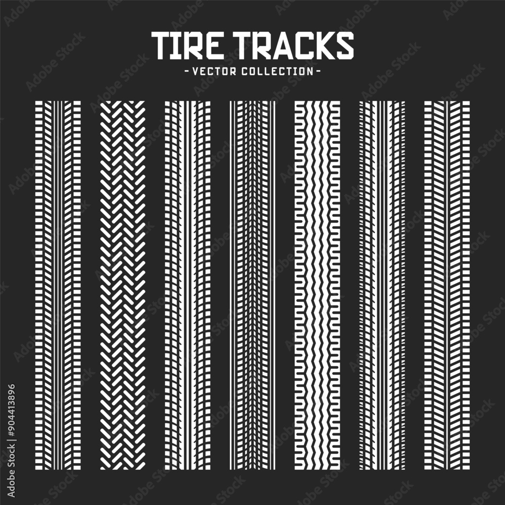 Tire tracks, wheel braking marks. Truck, car or motorcycle tread pattern silhouettes. Auto race, motorsport, speed racing design element. Vector illustration Tire tracks, wheel braking marks. Truck, car or motorcycle tread pattern silhouettes. Auto race, motorsport, speed racing design element. Vector illustration
