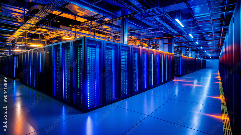 A vast, state-of-the-art data center with rows of servers and blue LED lighting A vast, state-of-the-art data center with rows of servers and blue LED lighting