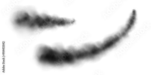 Black smoke trails, dark fog in the sky, black vapor from burning fire. Vector illustration.