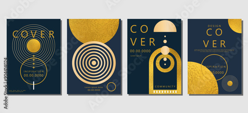 Set of Luxury abstract dark blue poster design with golden line and shapes.