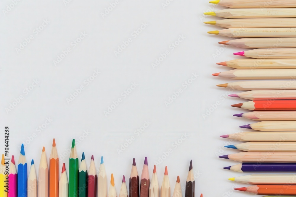A vibrant array of colored pencils is artfully lined up against a clean white backdrop, inviting creativity and imagination. A vibrant array of colored pencils is artfully lined up against a clean white backdrop, inviting creativity and imagination.