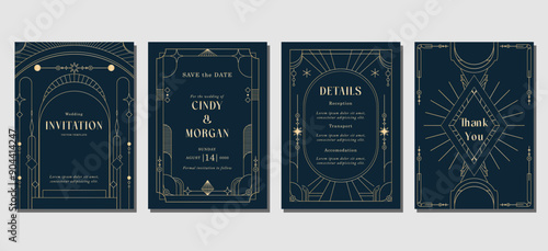 Set of Luxury Wedding Invitation art deco template with golden line, ornament, shapes, borders
