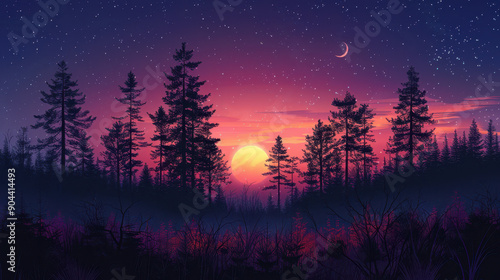 Starry night sky above a forest silhouette, creating a serene and tranquil landscape.