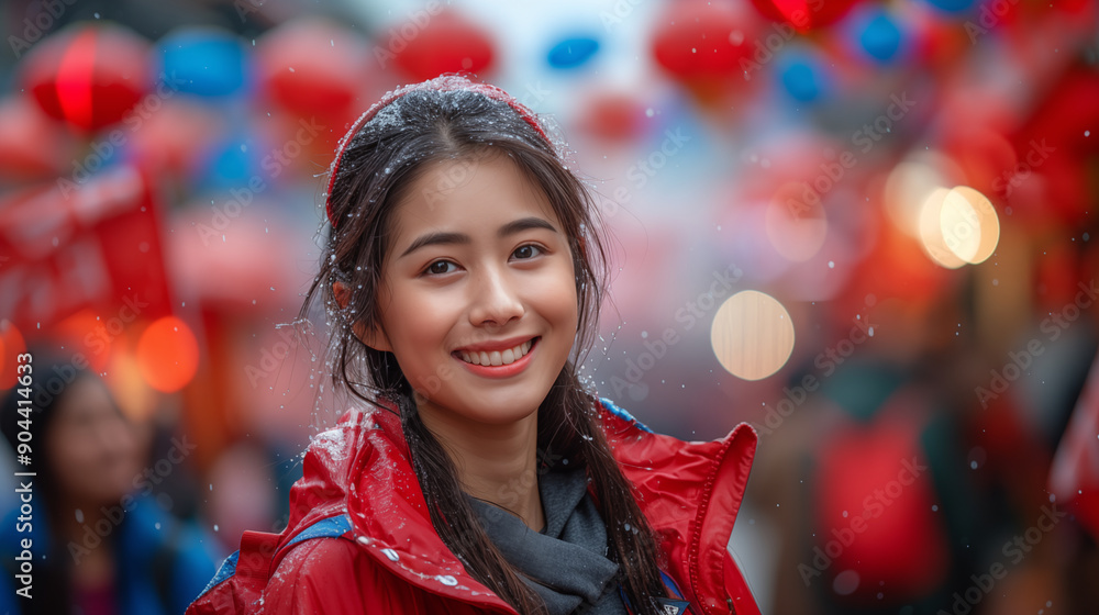 Young Asian woman smiling in snowy winter scene with festive red and blue lanterns. Portrait of cheerful girl enjoying holiday atmosphere outdoors. Concept of cultural celebration, seasonal joy Young Asian woman smiling in snowy winter scene with festive red and blue lanterns. Portrait of cheerful girl enjoying holiday atmosphere outdoors. Concept of cultural celebration, seasonal joy