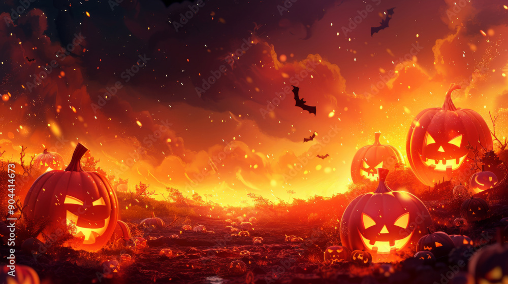 Fototapeta premium Happy Halloween banner. Scary Halloween Pumpkins on Fire.