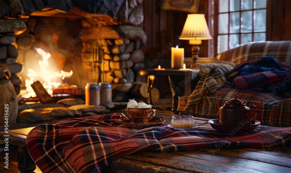 Rustic cabin interior, roaring fire, tartan plaid, hot tea on a wooden table Rustic cabin interior, roaring fire, tartan plaid, hot tea on a wooden table