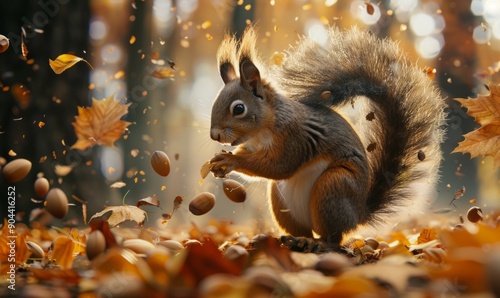 Squirrels foraging for nuts amidst golden leaves, agile climbs, autumnal forests