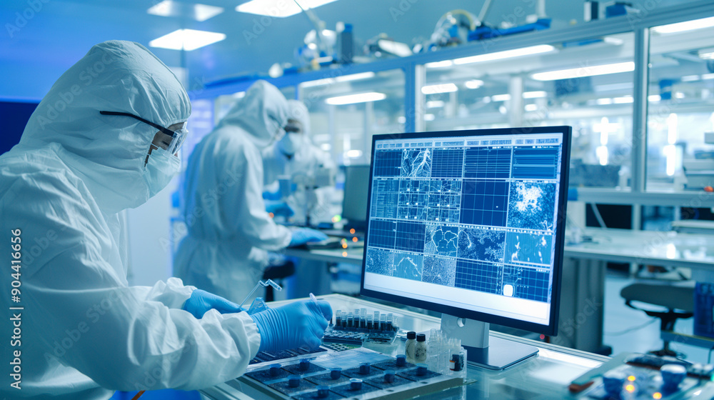 Technicians in a cleanroom operating sophisticated microchip manufacturing equipment Technicians in a cleanroom operating sophisticated microchip manufacturing equipment