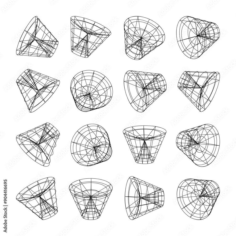 Wireframe lined shapes. Perspective mesh, 3d grid. Low poly geometric elements. Retro futuristic design elements, y2k, vaporwave and synthwave style. Vector illustration Wireframe lined shapes. Perspective mesh, 3d grid. Low poly geometric elements. Retro futuristic design elements, y2k, vaporwave and synthwave style. Vector illustration