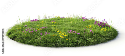 Round Surface Patch Covered with Flowers, Green Leaf Rock Plant, or Dry Grass Isolated on White Background, Realistic Natural Element, Detailed Floral Texture, Botanical Design Feature, Nature-Inspire photo