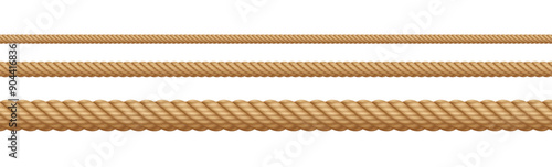 Rope string, realistic jute cord, hemp twisted rope isolated on white background. Vector illustration.