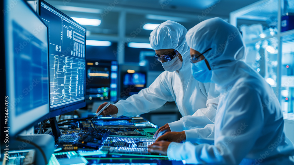Workers in a semiconductor factory monitoring the chip fabrication process Workers in a semiconductor factory monitoring the chip fabrication process