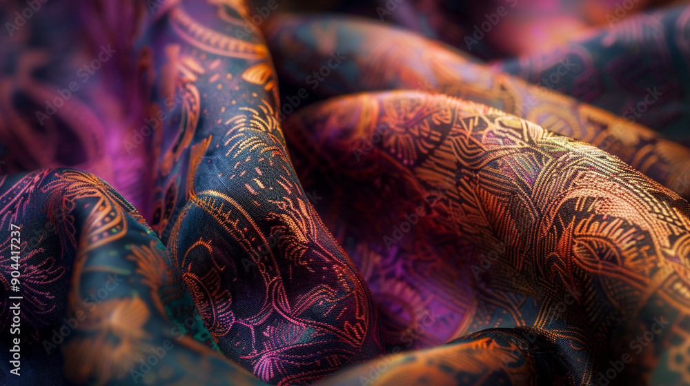 Close-up of a silk fabric with abstract, intricate patterns and rich colors Close-up of a silk fabric with abstract, intricate patterns and rich colors