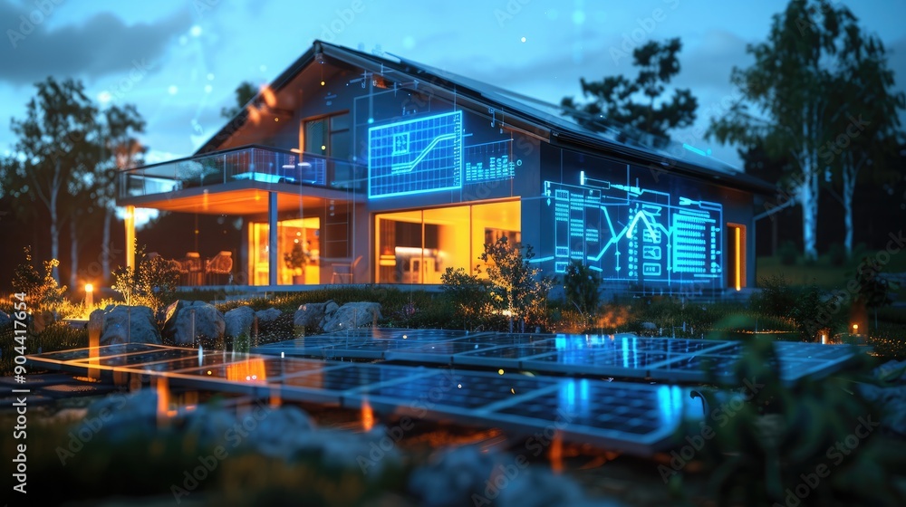 Obraz premium A solar-powered home with a sophisticated energy management system, displaying energy production and storage metrics on a digital interface.