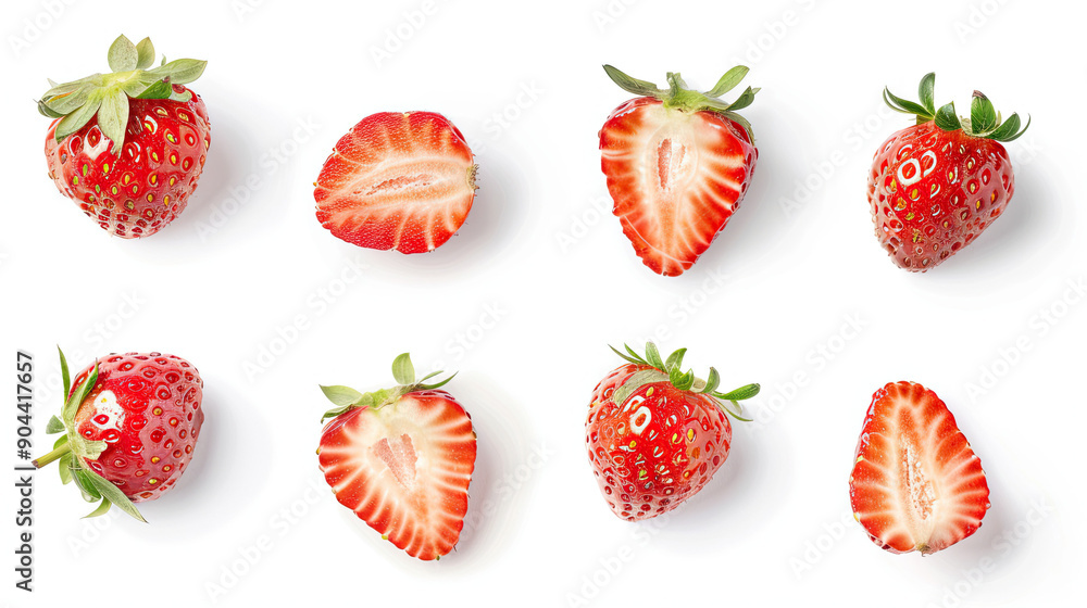 Strawberry Slice and Whole Berry Isolated on White Background, Fresh Red Strawberry, Juicy Fruit Details, High-Resolution Berry Image, Whole and Sliced Strawberry, Vibrant Fruit Display Strawberry Slice and Whole Berry Isolated on White Background, Fresh Red Strawberry, Juicy Fruit Details, High-Resolution Berry Image, Whole and Sliced Strawberry, Vibrant Fruit Display
