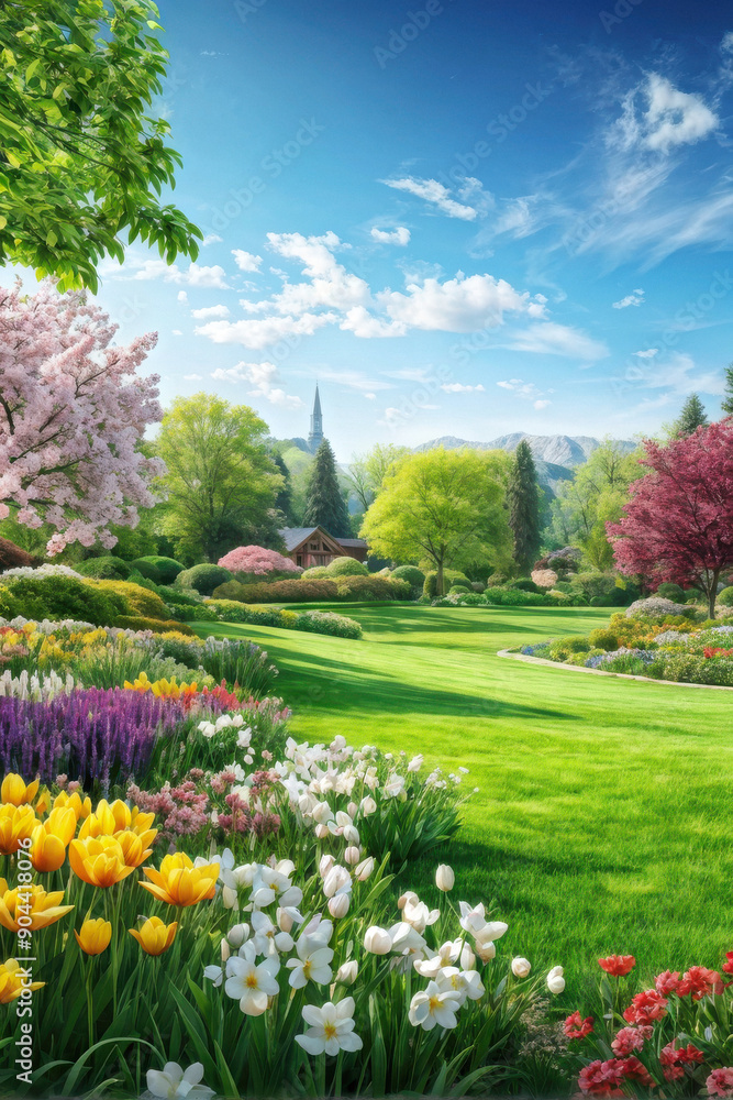 magic of nature's artistry. perfect balance of color and texture, with blooming flowers taking center stage on a lush green lawn. generative AI magic of nature's artistry. perfect balance of color and texture, with blooming flowers taking center stage on a lush green lawn. generative AI