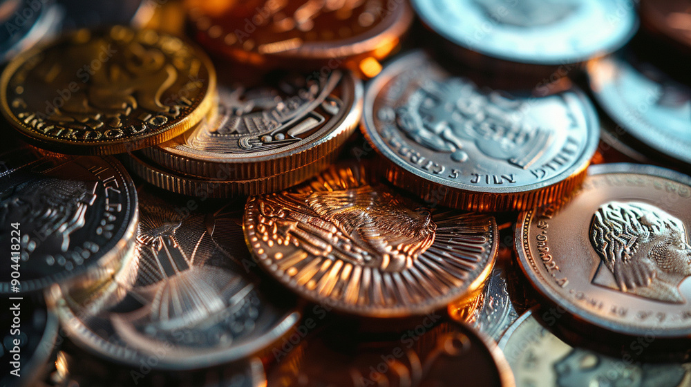 Close-up of a rare coin collection with abstract, detailed engravings and shiny surfaces Close-up of a rare coin collection with abstract, detailed engravings and shiny surfaces