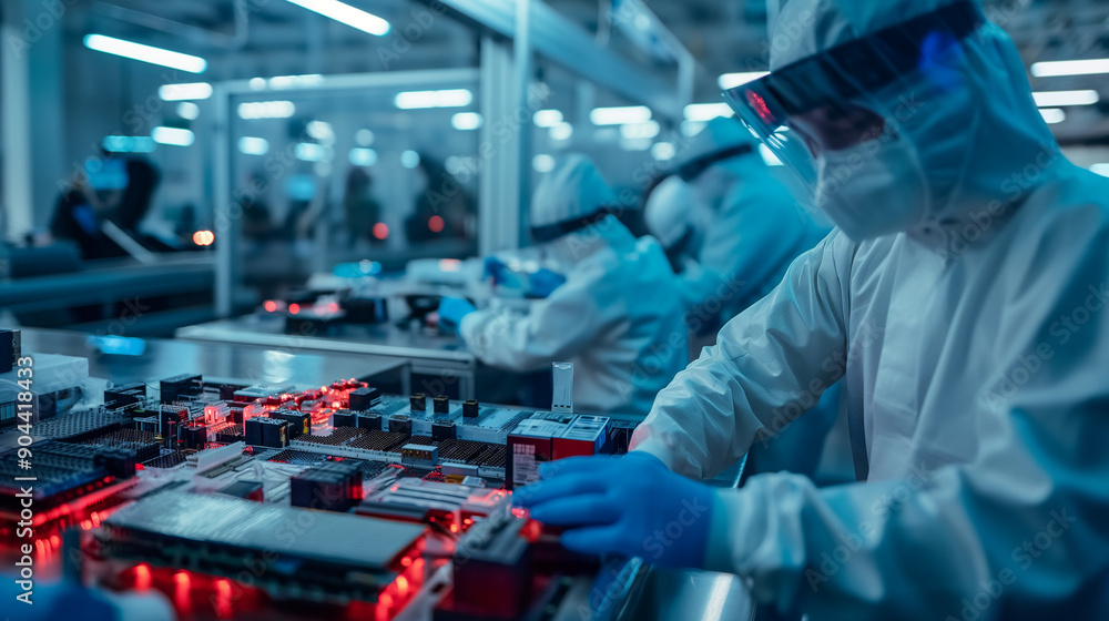 Workers in protective gear handling sensitive components in a semiconductor fab Workers in protective gear handling sensitive components in a semiconductor fab