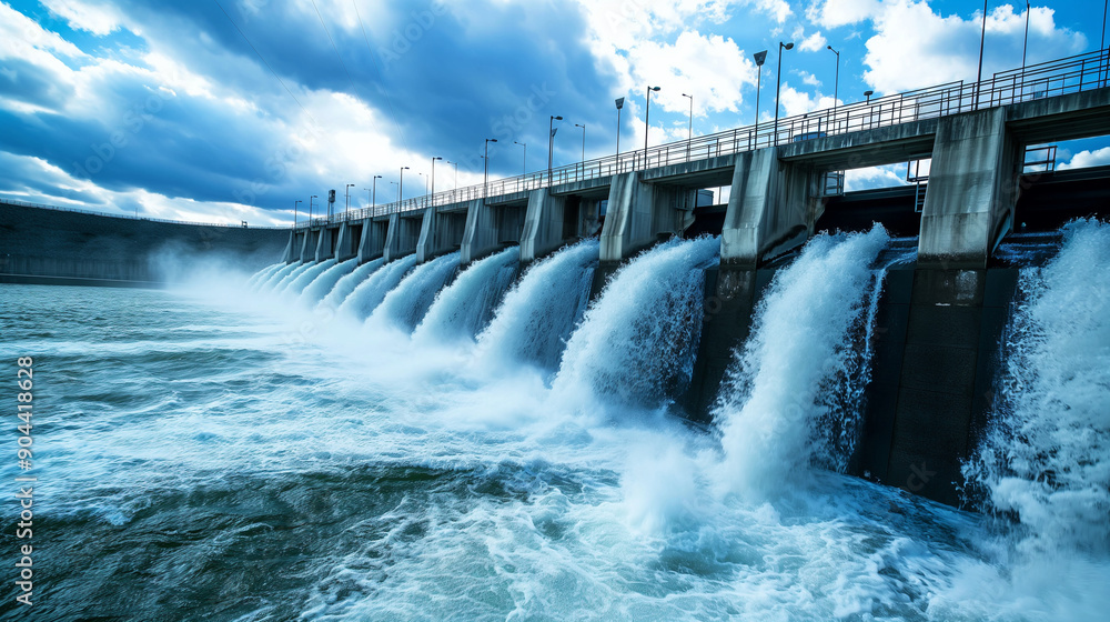 A hydroelectric power plant with water cascading over a large dam A hydroelectric power plant with water cascading over a large dam