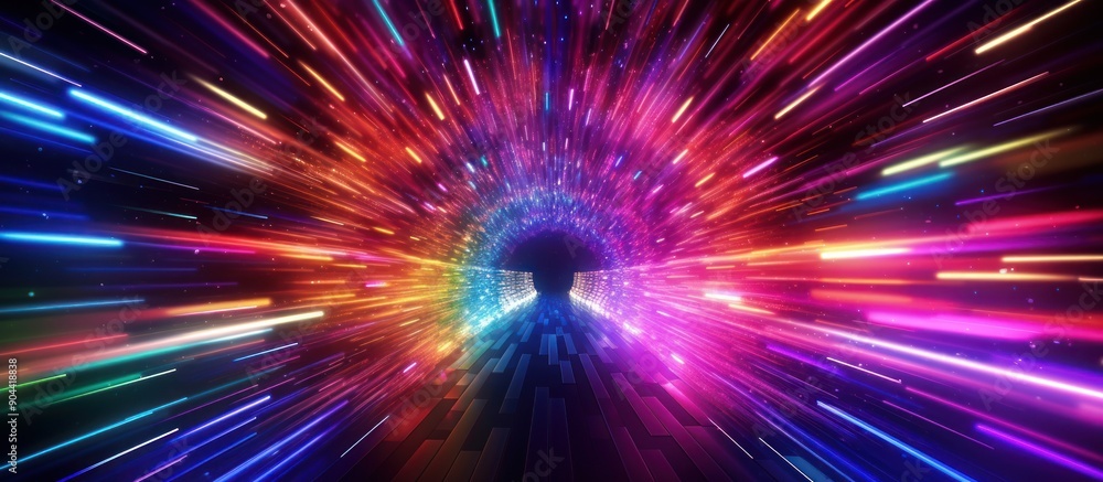 above vibrant neon lights illuminating colorful particles in a futuristic 3d space tunnel background above vibrant neon lights illuminating colorful particles in a futuristic 3d space tunnel background
