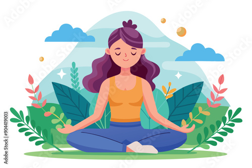 Illustration of cute girl meditating in lotus pose with green plants on the background