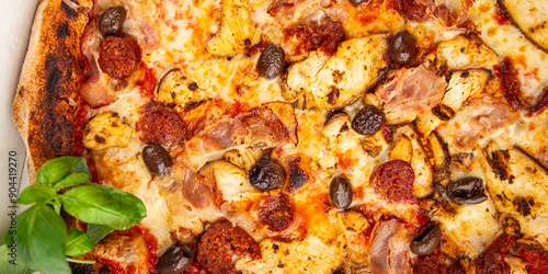 pizza chicken meat, sausages, olives, cheese, tomato sauce.fresh meal food snack on the table copy space food background rustic top view