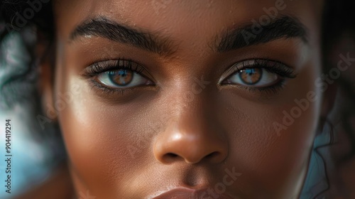 A close-up portrait of a woman's face, focusing on her captivating brown eyes. The image captures her natural beauty and the depth of her gaze.