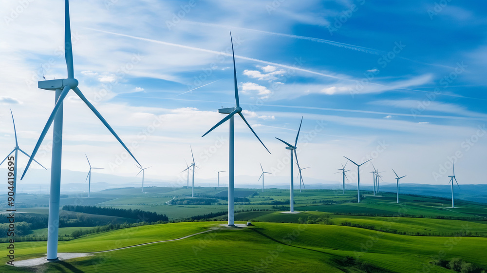 A modern wind farm with turbines spread across a vast landscape A modern wind farm with turbines spread across a vast landscape